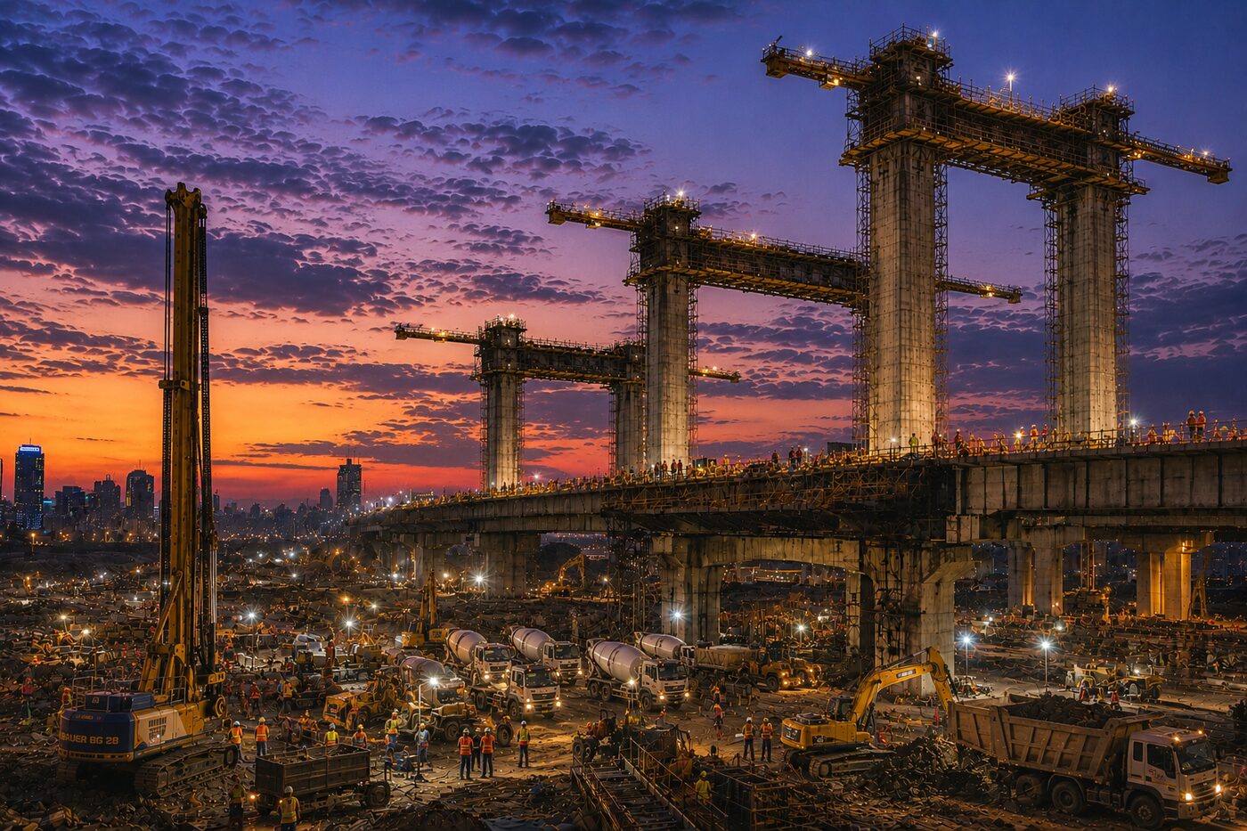 Civil engineering construction site at night